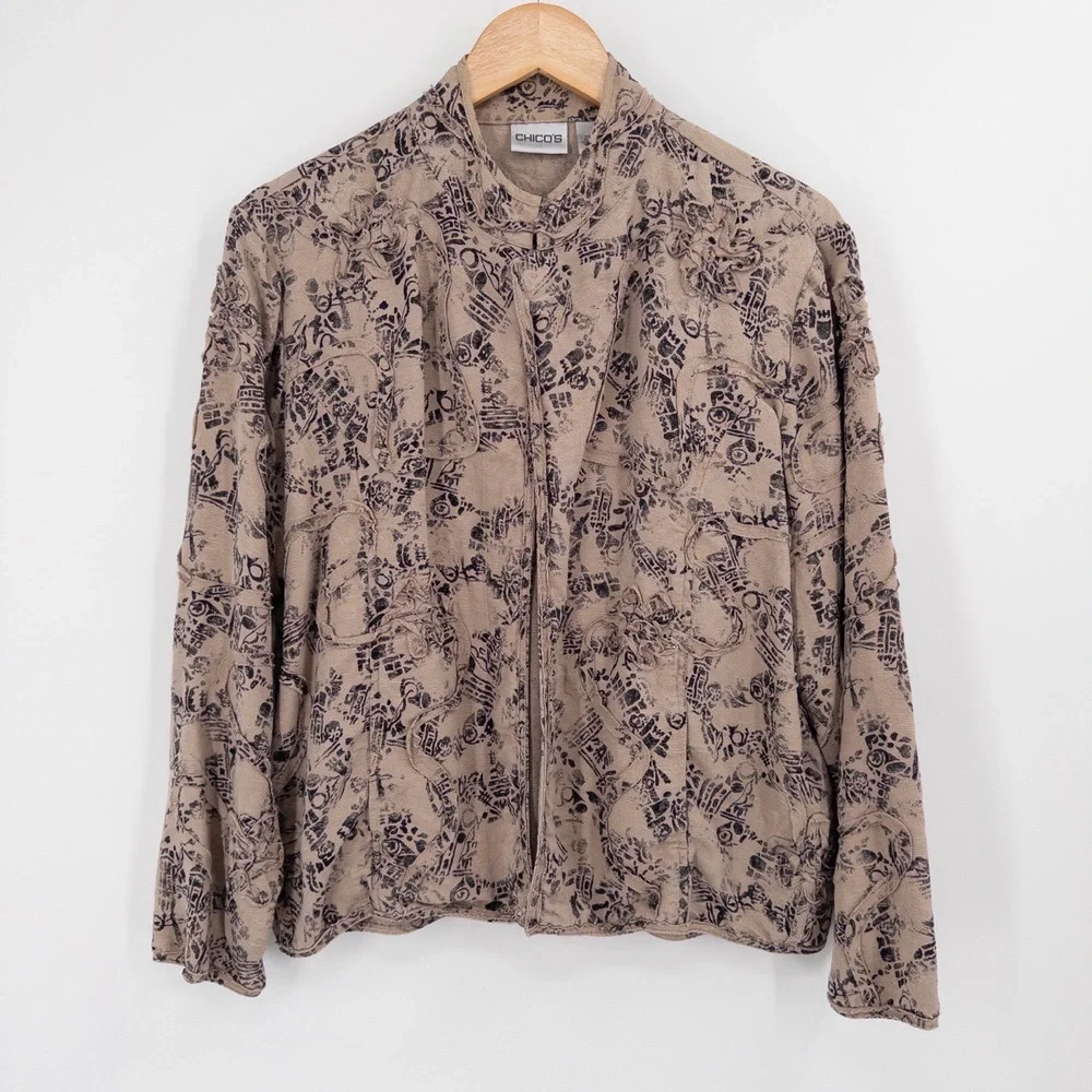 Chico's Silk Linen Textured Jacket L Sz 2 Abstract Boho Artsy Floral Appliqué